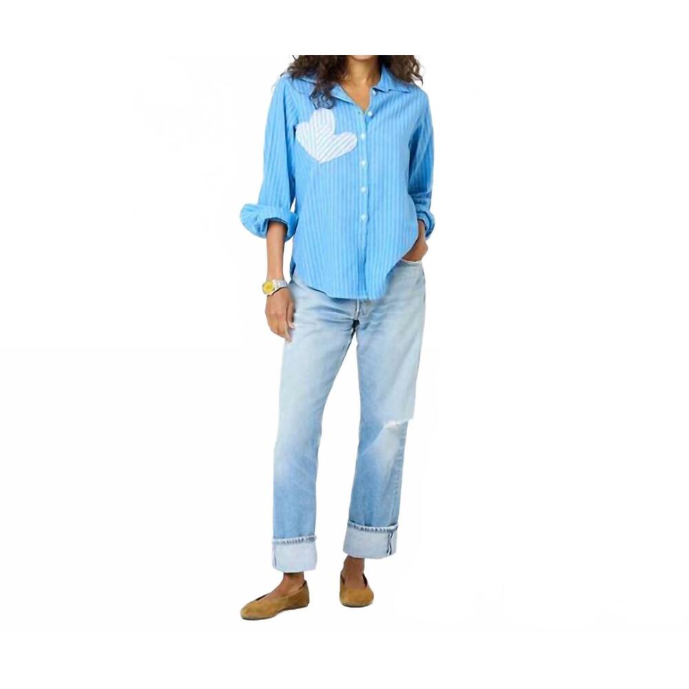 NEW KERRI ROSENTHAL women's mia stripe patchwork shirt in light blue mid blue - Picture 2 of 5